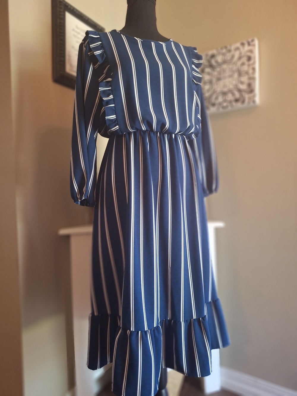 Prairie Farm Girl Dress Navy Stripe Ruffle Midi Dress Sz L
